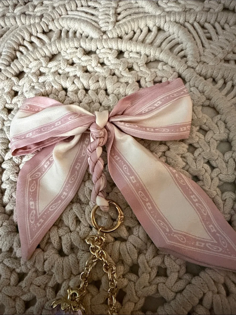 Pink and Cream Braided Bow Keychain with Strawberry Charms
